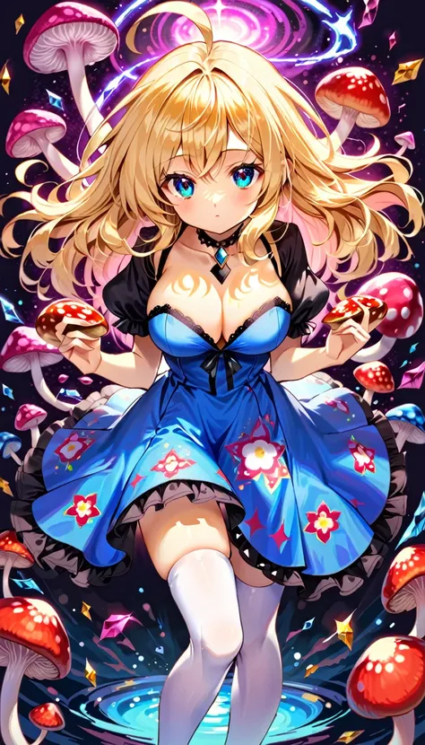 a design for a T-shirt of a beautiful 20 year old blonde woman with big messy hair in a blue dress, white stockings, black headband, cleavage, holding a glowing mushroom, fantasy art style, rossdraws cartoon vibrant, alice in wonderland cyberpunk, cute det...