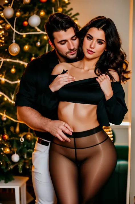 Husband and wife, man and girl, she is brunette, 23 years old, long hair. He is brutal (brunette:1.1)(man has short hair:1.3), 34 years old, hug, Christmas tree in background, (4k, Raw photo, highest quality, Depth of the bounds written, ultra high resolut...