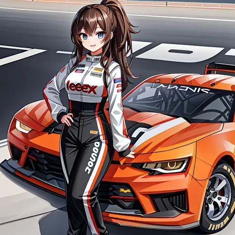 a female nascar driver, standing with her (camaro nascar with a red and black color scheme) behind her. she has (long dark-brown...