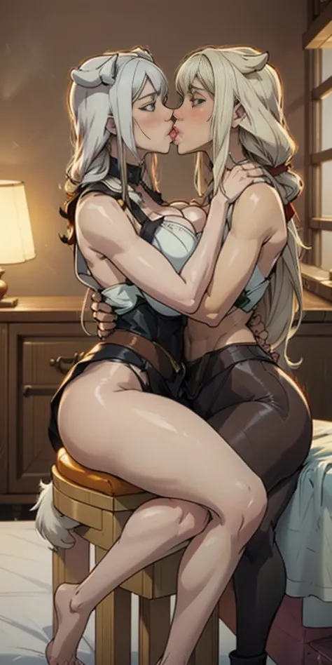 masterpiece, best quality, Selvaria Bless (long white hair) french kiss to Roxanne (Demikin fluffy dog ears) 2girlskiss (Selvaria and Roxanne french kiss each other) kissing each other, red bennie, sitting full body on bed clenched fists hands on waist, st...