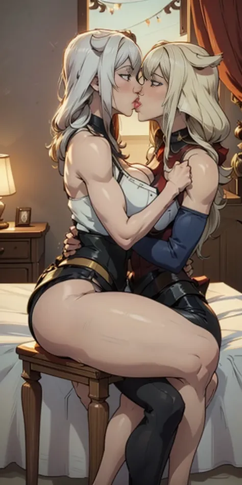 masterpiece, best quality, Selvaria Bless (long white hair) french kiss to Roxanne (Demikin fluffy dog ears) 2girlskiss (Selvaria and Roxanne french kiss each other) kissing each other, red bennie, sitting full body on bed clenched fists hands on waist, st...