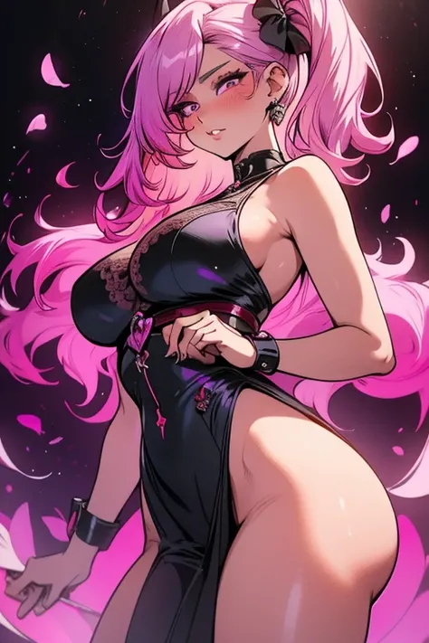 masterpiece, best quality, shadow, 21 years old, older woman, A pink haired woman with violet eyes with an hourglass figure wearing a violet lace dress is blushing in a flurry of peony petal, thigh, ass, breast, seductive, spicy, horny, nsfw,