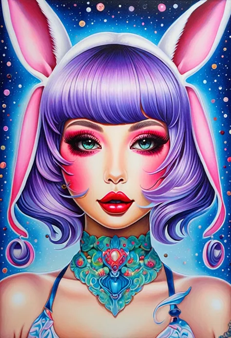 Iridium art, bunny girl ((hannah yata style!!!)), pop surrealism in acrylic, colorful, the highest detail, ((masterpiece)), ((single shot)), ((Highest detail),  impression, perspective, 8k