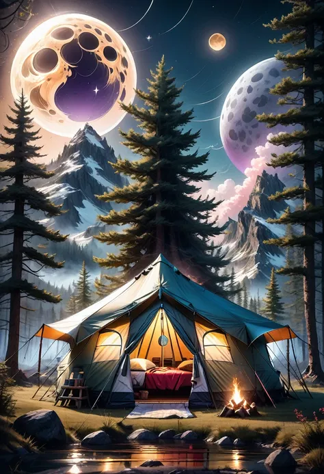 outdoor camping, Camping under a double moon, detailed matte painting, deep color, fantastical, intricate detail, splash screen, complementary colors, fantasy concept art, 8k resolution trending on Artstation Unreal Engine 5