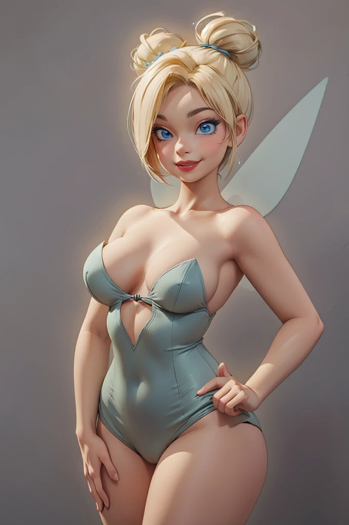 wide shot, ((best quality)), ((highly detailed)), masterpiece, (detailed eyes, deep eyes), (1girl), dynamic angle, cowboy shot, tinkerbell, woman, smile, looking at viewer, ((short blonde hair)bun ), ((blue eyes)),firm breasts, realistic proportions, curvy...