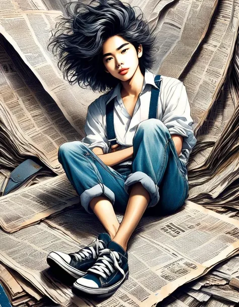 (desenho de grafite: 1.3), (Girl sitting cross-legged on old newspaper mountain in basement), (She wears denim suspenders), Young and wild Asian face, somewhat mixed race guy, (fechado), (Queixo ligeiramente quadrado: 0.4), super long messy hair, (lazy), u...