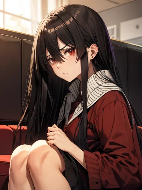 akame (akame ga matar), Sitting on a red couch, cara de puchero