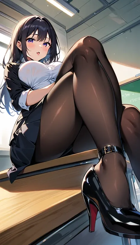 Orihime inoue sitting on desk, sitting on desk,fullbody,crossed legs, large breasts,looking at viewer,looking pityfully,high res,high quality, masterpiece ,black tight black skirt, white shirt, black jacket,black heels, black stockings , classroom,sfw, giv...