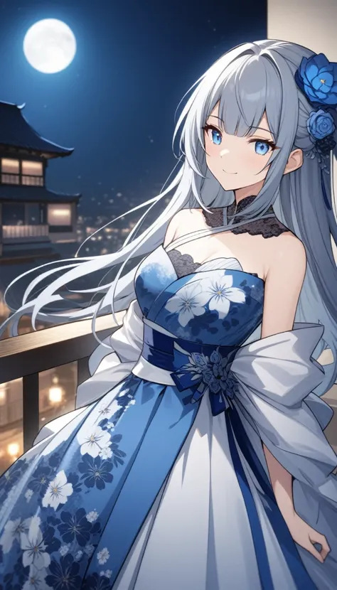 1lady,gallant,(blue_hair)|(gray_hair)0.5,long_hair,blue_eyes, smile,close_mouth,fusion of floral print blue kimono and ball gown,balcony,night,cowboy shot,