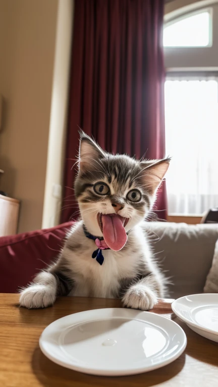 A little cute kitten is licking a plate with milk while its tongue out on the living room table,