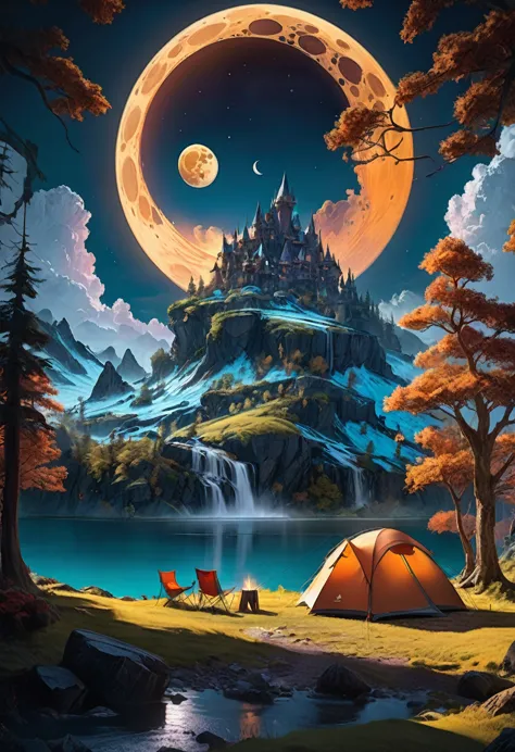 outdoor camping, camping under a double moon, detailed matte painting, deep color, fantastical, intricate detail, splash screen,...