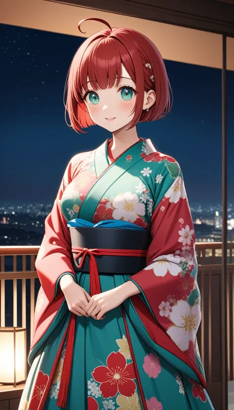 1girl,rubyred hair,bowl cut hair,half circle ahoge,BREAK,(blue green eyes)1.3,tareme,fusion of floral print kimono and ball gown,balcony,night,cowboy shot,