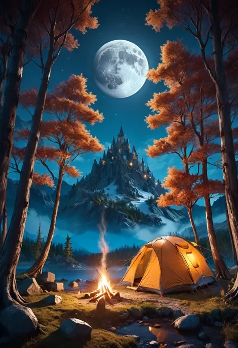 outdoor camping, Camping under a double moon, detailed matte painting, deep color, fantastical, intricate detail, splash screen, complementary colors, fantasy concept art, 8k resolution trending on Artstation Unreal Engine 5