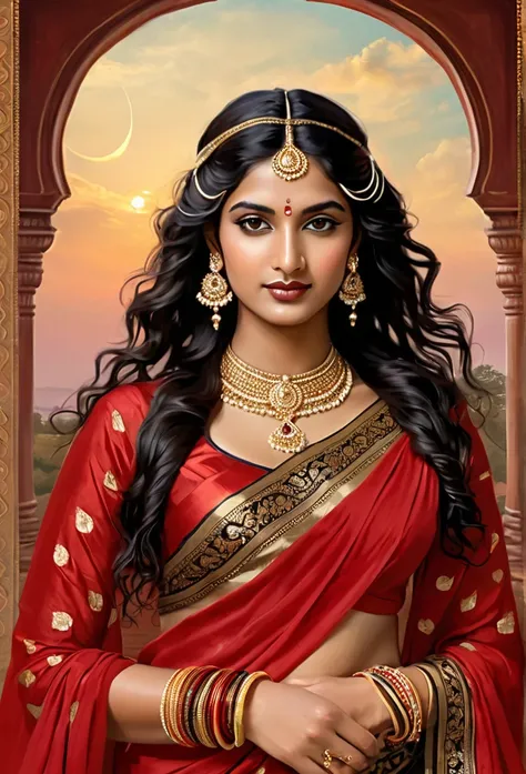 Queen of extremely fair complexion wearing gold plated indian red saree, necklace, hair accessories, bangles, jewellery, waist band,black long flowy hair, and an indian king of dark complexion in indian dhoti and ancient indian male jewelry, neck length cu...