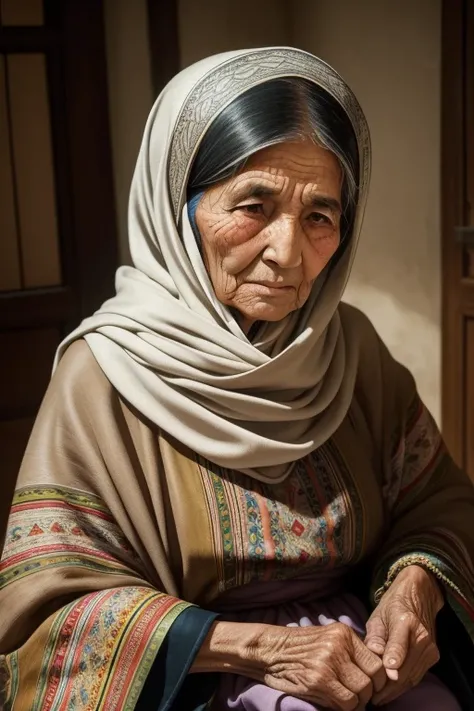 A venerable Tajik elderly grandmother exhibits wisdom and grace with her sturdy build, adorned with a traditional shawl draped over her shoulders. A strong yet gentle face framed by silvered hair, often worn long and parted in the middle. Her eyes, deep-se...