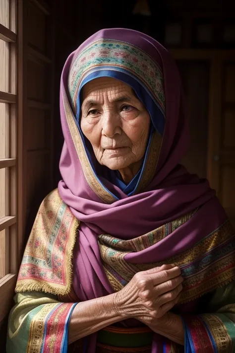 A venerable Tajik elderly grandmother exhibits wisdom and grace with her sturdy build, adorned with a traditional shawl draped over her shoulders. A strong yet gentle face framed by silvered hair, often worn long and parted in the middle. Her eyes, deep-se...