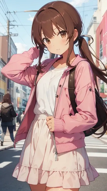 nishizumi maho,pink jacket,pink skirt,brown hair,brown eyes,happy expression,whole body,upright posture,