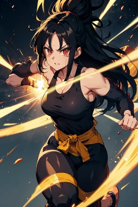 1, SAIYAN woman. saiyan. Black, long straight hair, with small brown blemish/highlight. Soft mature facial look. Ki blast in hand. Thick BUT- slim. Athletically toned, muscley. Thick. Wearing full saiyan clothes/ full Gi. Wearing full cover Gi.
