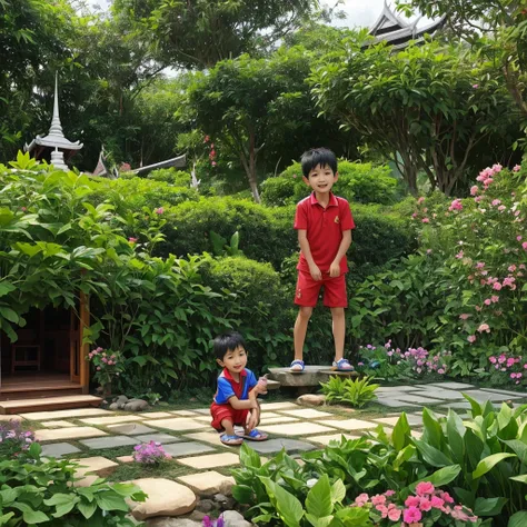 Cartoon 7 year old Thai boy playing in the garden