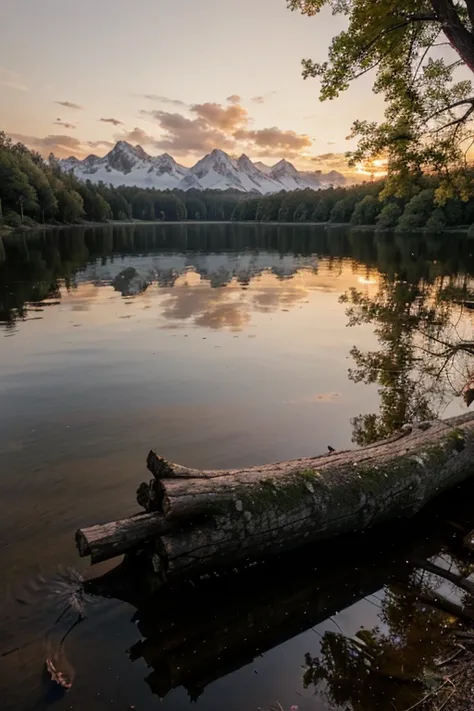 Fallen oak trunk next to a lake with an old wooden cabin in a forest at dusk 