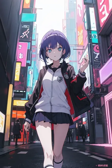 ((melhor qualidade)), garota de anime 2d, garota 2d anime, garota bonita 2d, cabelo preto curto ate os ombros, olhos violetas claros, UNIFORME ESCOLAR PRETO E BRANCO, em uma cidade de cyberpunk, neon, 2d manga, 2d anime