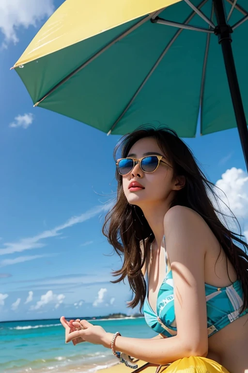 （Photo Reality：1.4）、（surreal：1.4）、（Actual Scene：1.3）、 Beautiful Korean girl on the beach, Japanese and Korean beauties, fascinating eyes、pretty eyelashes，the face of the work，perfect face shape，attractive body，a clear blue sky, golden sand, calm waves, sun...