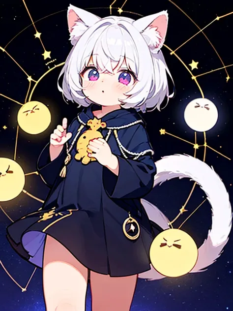 Genera una imagen de un gato nocturno., con un elegante, cuerpo peludo que brilla en la oscuridad, Grande, Ojos reflectantes, Cute feline features and a tail that ends in a cluster of glowing orbs, Similar to a constellation of stars.