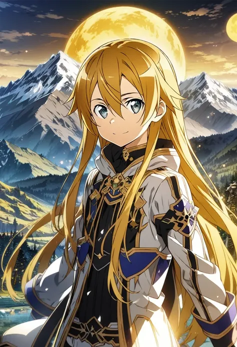 Kirito (Sword Art Online), (long golden hair), (silver eyes):1.2, black prince costume, bangs, gentle smile, ((ultra-detailed)), ((illustration)), ((neat hair)), (beautiful detailed eyes), 1boy, standing, ((mountain, golden moon)), looking at viewer