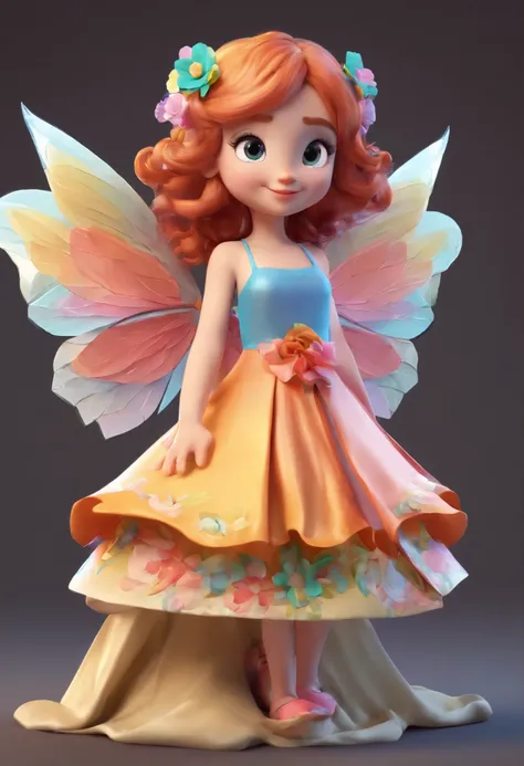 a cartoon characters a young fairy with bright wings and a floral dress