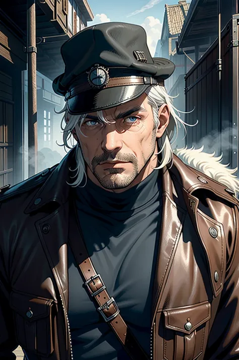 (absurd res, high res, ultra detailed), 1 male, adult, handsome, tall muscular guy, broad shoulders, white hair, finely detailed eyes, portrait, looking at viewer, solo, half shot, detailed background, detailed face, (steampunk industrial), smirk, renegade...