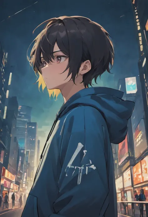 Anime boy with black hair、hoodie、I&#39;m sick、The background is a night view