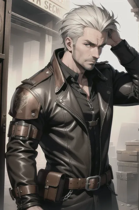 (absurd res, high res, ultra detailed), 1 male, adult, handsome, tall muscular guy, broad shoulders, white hair, finely detailed eyes, portrait, looking at viewer, solo, half shot, detailed background, detailed face, (steampunk industrial), smirk, renegade...