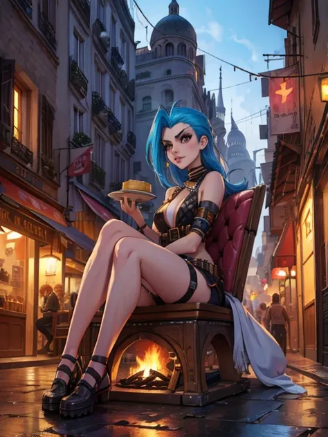 jinx from league of legends , sitting in the streets of paris , eating moroccan tajine