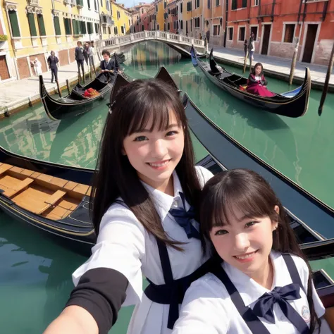 Have a smartphone、The unique scenery and historical architecture of the floating city、 (Beautiful girl smiling and taking a selfie while riding a gondola:1.5)、highest quality、High resolution、Detailed Background、(Beautiful face in every detail:1.4)、Anatomic...