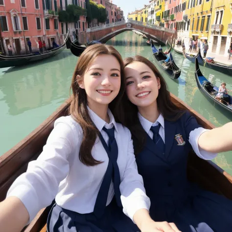 Have a smartphone、The unique scenery and historical architecture of the floating city、 (Beautiful girl smiling and taking a selfie while riding a gondola:1.5)、highest quality、High resolution、Detailed Background、(Beautiful face in every detail:1.4)、Anatomic...