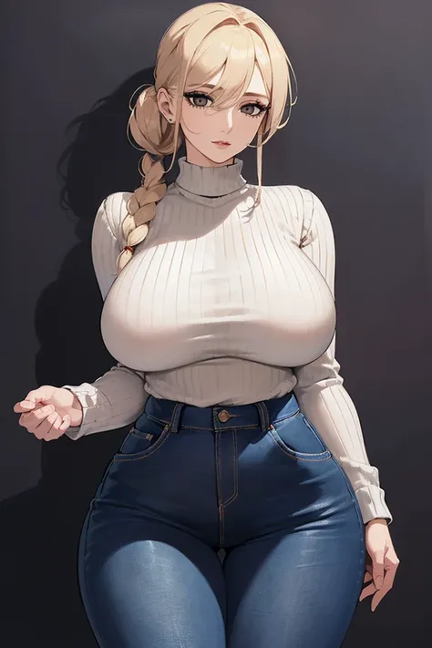 (Uhd, Masterpiece, Textured Skin, Super Detail, High Details, High Quality, Best Quality), Detailed Face, 1woman, mature pretty woman, ((Wide hips, thick thighs, massive huge breasts)), Blonde hair tied up, (Black sweater shirt), (jeans), (Huge Body), (Hai...