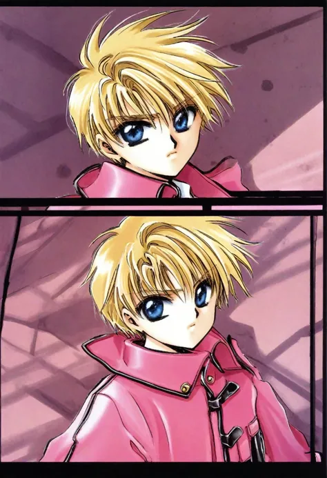 cute 8-years-old american kid boy, spiky blonde hair, blue eyes, dark pink coat, CLAMP art style