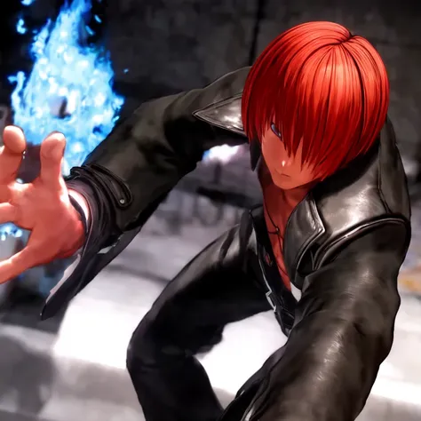 30-year-old male, alone, alone, athletic ability, video game characters, king of fighters, iori yagami, wearing a trench coat, b...