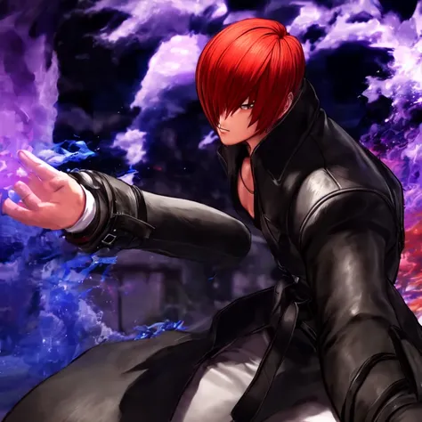 30-year-old male, alone, alone, athletic ability, video game characters, king of fighters, iori yagami, wearing a trench coat, b...