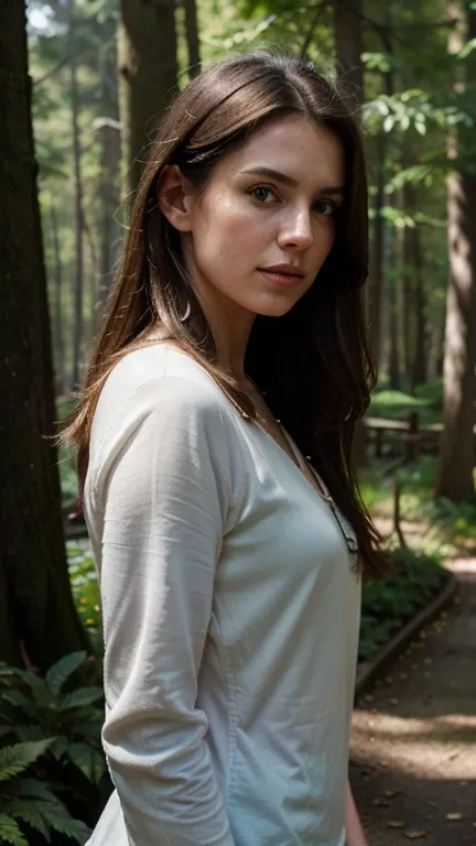 epic realistic, (dark shot:1.4), 80mm, Create a portrait of a woman with long, brown hair. She has a mysterious expression, gazing at the viewer with a slight tilt of her head. She is simply dressed, with an arm wrapped around a tree branch that also resem...