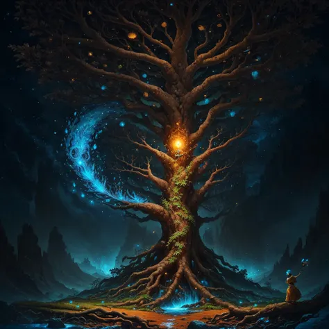 Develop an image of a stylized Tree of Knowledge where each element has a symbolic meaning. The roots must go deep, incorporando as ricas complexidades da mitologia. O porta malas, a sturdy representation of psicologia, forms the core of the tree. Os ramos...