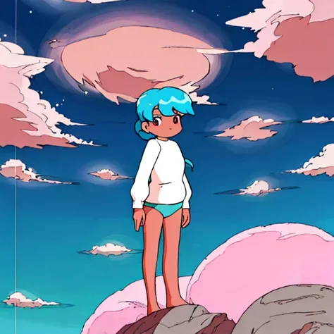 Sage, wearing white sweater and panties, standing on a cloud in the sky, with her hands behind her back