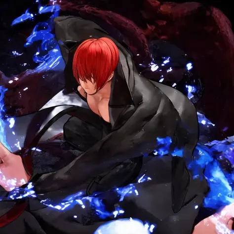 30-year-old male, alone, Athletic ability, Video Game Characters, King of Fighters, Iori Yagami, Wearing a trench coat, Blue Fire, Movie, Ultra-sharp focus, Award-winning photography, Perfect contrast, High Sharpness, Depth of written boundary, Ultra HD Ph...