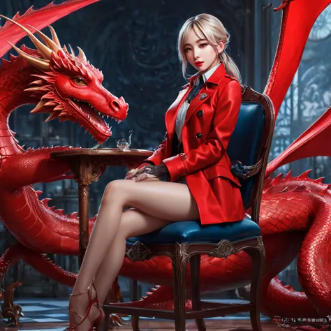 a woman in a red coat sitting on a chair with a dragon, popular on artstation pixiv, detailed anime artwork, detailed digital an...