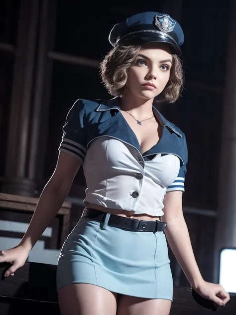 camren bicondova, highest quality, masterpiece, 1 girl, light smile, dramatic lighting, from below、police uniform、light blue sho...