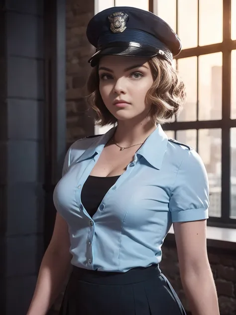 camren bicondova, highest quality, masterpiece, 1 girl, light smile, dramatic lighting, from below、police uniform、light blue sho...