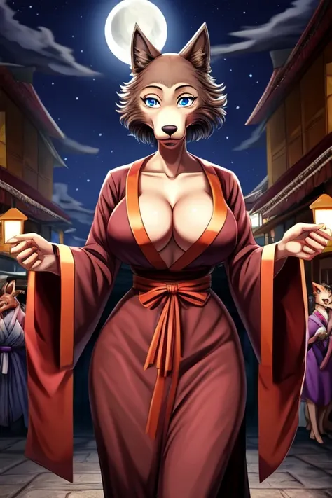 Beastars art style, beastars, Juno, brown wolf, she Wolf, 1girl, furry, long curly brown fur, slim figure, blue eyes, wide hips, Big breasts, kimono, cleavage, night time, festival, moon