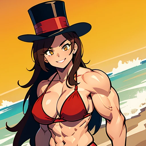 Muscular,women,female,top hat,brown hair,yellow eyes,red bikini,smile ,solo,breasts,,beach,(Hypermuscle:1.2)