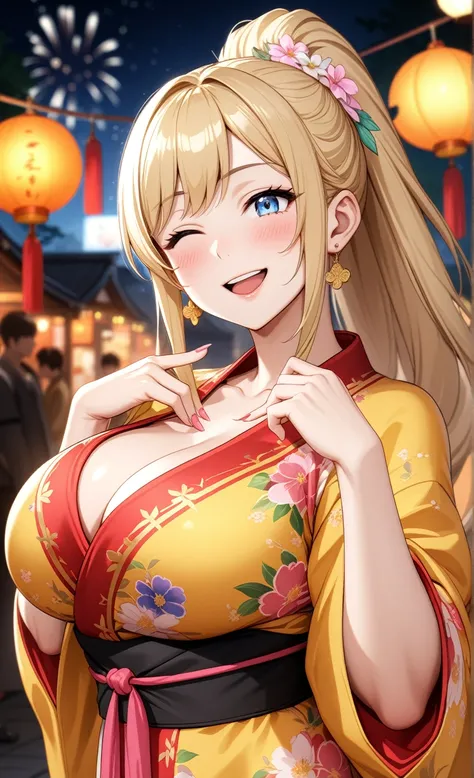 ((One woman)), Beautiful Face,Laughing embarrassedly,((Wink:2.0)),Blushing,Glossy pink lips,night,Shrine Festivals,firework, ((Anime style background)),masterpiece, highest quality, so beautiful, up to date, Complex details, (Pink long nails),AI-generated,...