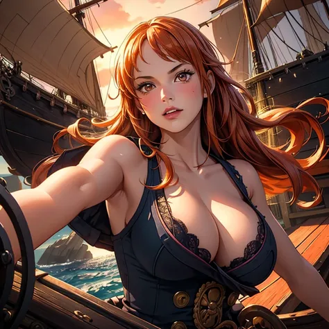 Masterpiece, best quality, best illustration, HDR, beautiful details, intricate details, detailed scenery, dramatic light, best shadow. Pirate ship, cannons, naval battle, sea, cannon shots, (theme, one piece), break Nami, pirate, orange hair, long hair wi...